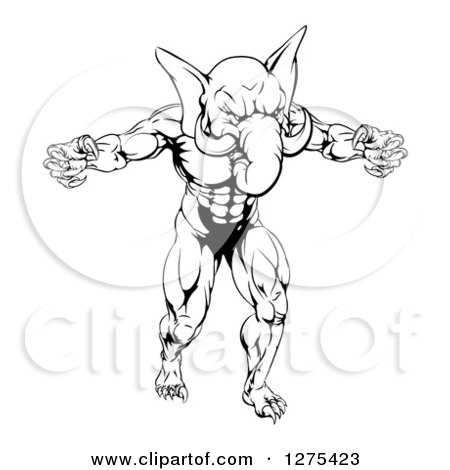 Clipart of a Black and White Muscular Aggressive Elephant Man with Claws Standing Upright - Royalty Free Vector Illustration by AtStockIllustration