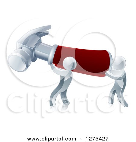 Clipart of Two 3d Silver Men Carrying a Giant Hammer - Royalty Free Vector Illustration by AtStockIllustration