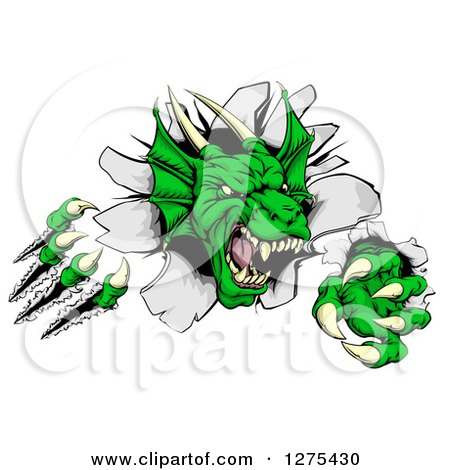 Clipart of a Fierce Green Dragon Mascot Head Shredding Through a Wall - Royalty Free Vector Illustration by AtStockIllustration