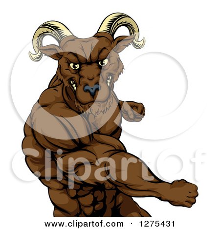 Clipart of a Muscular Angry Ram Man Punching - Royalty Free Vector Illustration by AtStockIllustration