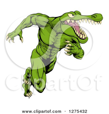 Clipart of a Muscular Crocodile or Alligator Man Sprinting Upright - Royalty Free Vector Illustration by AtStockIllustration