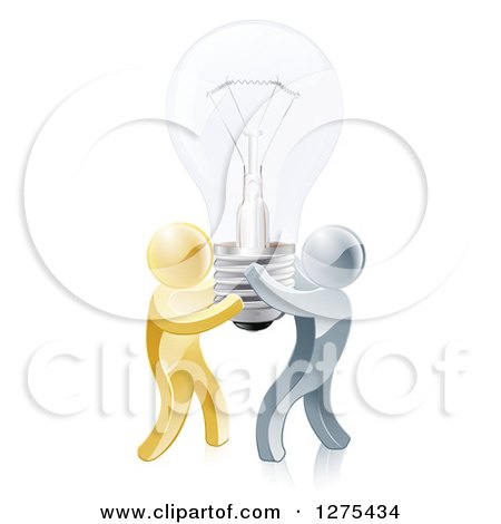 Clipart of a 3d Team of Gold and Silver Men Carrying a Light Bulb - Royalty Free Vector Illustration by AtStockIllustration