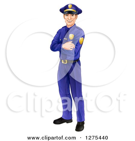 Clipart of a Full Length Happy Caucasian Male Police Officer Standing with Folded Arms - Royalty Free Vector Illustration by AtStockIllustration