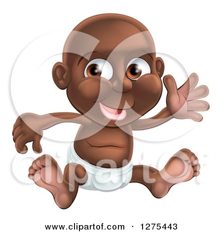 Clipart of a Happy Black Baby Boy in a Diaper, Sitting and Waving - Royalty Free Vector Illustration by AtStockIllustration