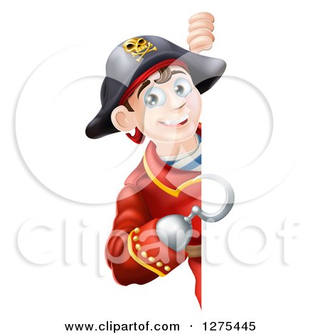 Clipart of a Happy Young Male Pirate Captain Pointing with a Hook Hand Around a Sign - Royalty Free Vector Illustration by AtStockIllustration