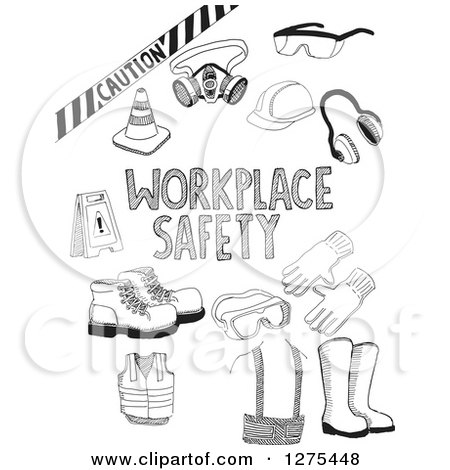 Clipart of Black Sketched Workplace Safety Items - Royalty Free Vector Illustration by David Rey