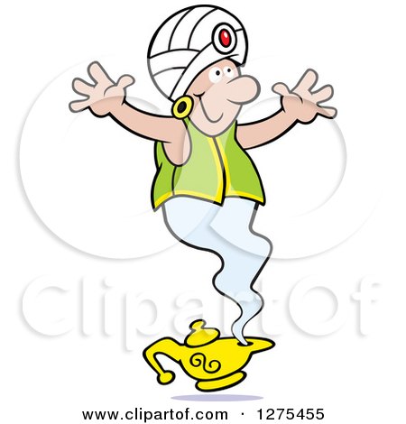 Clipart of a Happy Male Genie Emerging from a Lamp with His Arms Open - Royalty Free Vector Illustration by Johnny Sajem