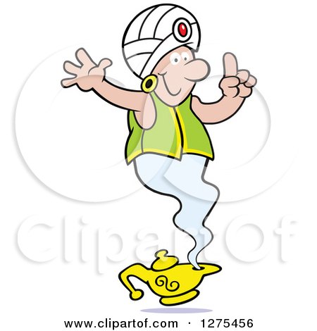 Clipart of a Happy Male Genie Emerging from a Lamp, Holding a Finger up for One Wish - Royalty Free Vector Illustration by Johnny Sajem