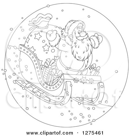 Clipart of a Black and White Santa Claus Flying down a Hillside on a Sleigh - Royalty Free Vector Illustration by Alex Bannykh