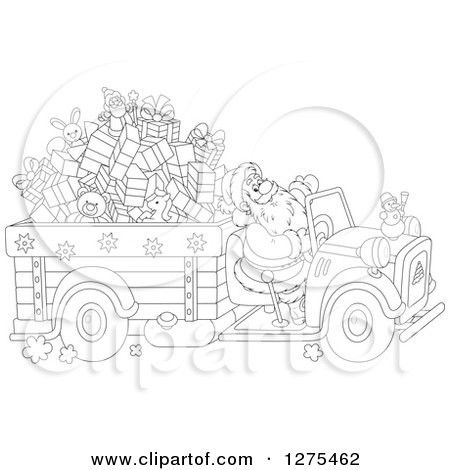 Clipart of a Black and White Santa Claus Driving a Truck Full of Christmas Gifts and Toys - Royalty Free Vector Illustration by Alex Bannykh