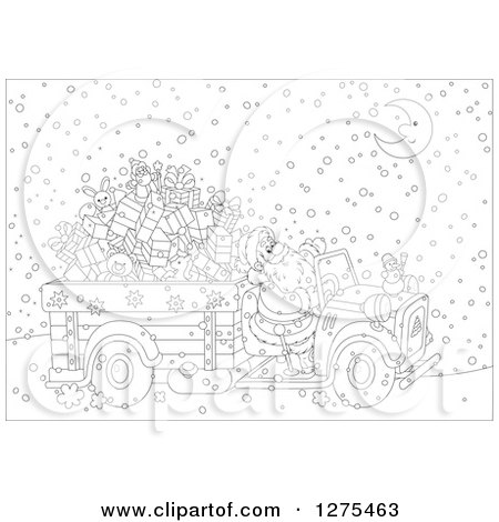 Clipart of a Black and White Santa Claus Driving a Truck Full of Christmas Gifts and Toys Through the Snow on Christmas Eve Night - Royalty Free Vector Illustration by Alex Bannykh