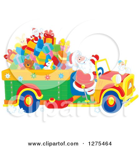 Clipart of Santa Claus Driving a Truck Full of Christmas Gifts and Toys - Royalty Free Vector Illustration by Alex Bannykh