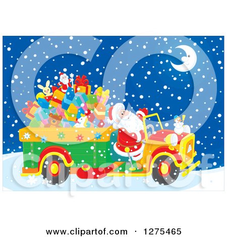 Clipart of Santa Claus Driving a Truck Full of Christmas Gifts and Toys Through the Snow on Christmas Eve Night - Royalty Free Vector Illustration by Alex Bannykh