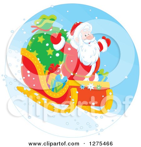Clipart of Santa Claus Flying down a Hillside on a Sleigh - Royalty Free Vector Illustration by Alex Bannykh