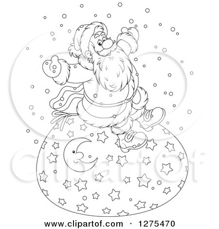 Clipart of a Black and White Cheerful Santa Claus Sitting on a Giant Christmas Sack in the Snow - Royalty Free Vector Illustration by Alex Bannykh