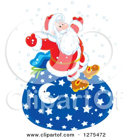 Clipart of a Cheerful Santa Claus Sitting on a Giant Christmas Sack in the Snow - Royalty Free Vector Illustration by Alex Bannykh