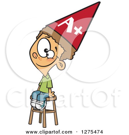 Cartoon Clipart of a Happy Smart Caucasian Boy Wearing an Anti Dunce Hat and Sitting on a Stool - Royalty Free Vector Illustration by toonaday