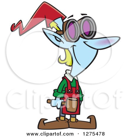 Cartoon Clipart of a Happy Christmas Elf Worker with a Hammer and Goggles - Royalty Free Vector Illustration by toonaday