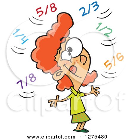 Cartoon Clipart of a Happy Caucasian School Girl Doing Fractions in Her Head - Royalty Free Vector Illustration by toonaday