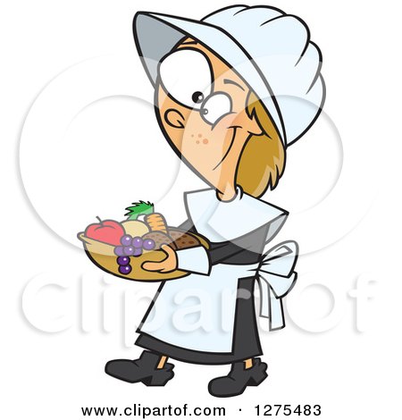 Cartoon Clipart of a Happy Thanksgiving Pilgrim Caucasian Girl Carrying a Basket of Fruit and Veggies - Royalty Free Vector Illustration by toonaday