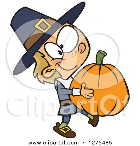 Cartoon Clipart of a Happy Caucasian Pilgrim Boy Carrying a Big Pumpkin - Royalty Free Vector Illustration by toonaday