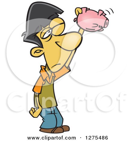 Cartoon Clipart of a Broke Asian Boy Shaking and Looking into an Empty Piggy Bank - Royalty Free Vector Illustration by toonaday