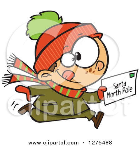 Cartoon Clipart of a Happy Caucasian Boy Running with a Christmas Santa Letter - Royalty Free Vector Illustration by toonaday