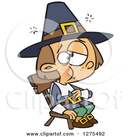 Cartoon Clipart of a Stuffed Caucasian Pilgrim Boy Sitting and Rubbing His Tummy - Royalty Free Vector Illustration by toonaday