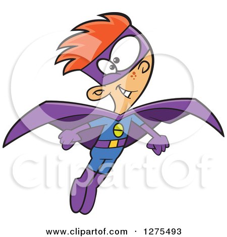 Cartoon Clipart of a Happy Caucasian Super Hero Boy Flying - Royalty Free Vector Illustration by toonaday