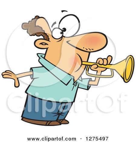 Cartoon Clipart of a Caucasian Man Tooting a Horn - Royalty Free Vector Illustration by toonaday