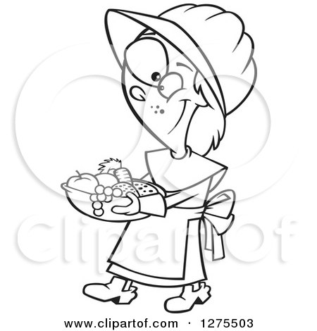 Cartoon Clipart of a Black and White Happy Thanksgiving Pilgrim Girl Carrying a Basket of Fruit and Veggies - Royalty Free Vector Line Art Illustration by toonaday