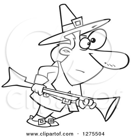 Cartoon Clipart of a Black and White Thanksgiving Pilgrim Man Turkey Hunting with a Blunderbuss - Royalty Free Vector Line Art Illustration by toonaday
