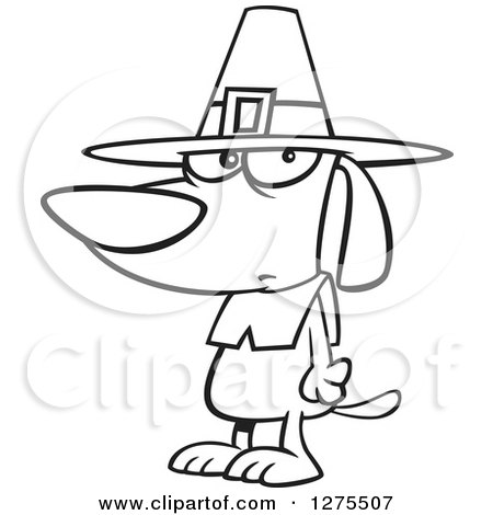Cartoon Clipart of a Black and White Thanksgiving Pilgrim Dog - Royalty Free Vector Line Art Illustration by toonaday