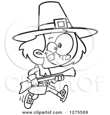 Cartoon Clipart of a Black and White Pilgrim Boy Hunting with a Blunderbuss - Royalty Free Vector Line Art Illustration by toonaday