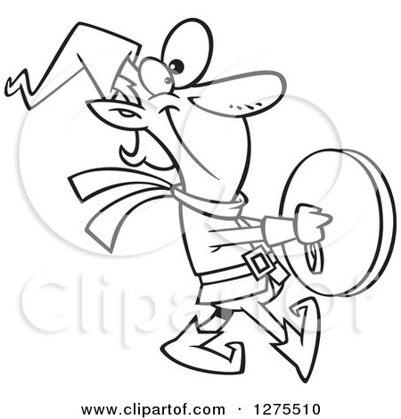 Cartoon Clipart of a Black and White Happy Christmas Elf Marching and Playing the Cymbals - Royalty Free Vector Line Art Illustration by toonaday