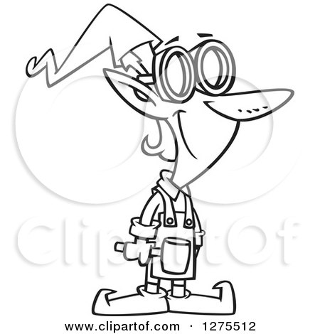 Cartoon Clipart of a Black and White Happy Christmas Elf Worker with a Hammer and Goggles - Royalty Free Vector Line Art Illustration by toonaday