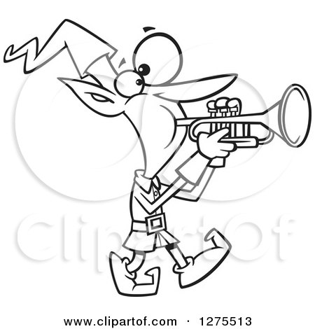 Cartoon Clipart of a Black and White Happy Christmas Elf Marching and Playing the Trumpet - Royalty Free Vector Line Art Illustration by toonaday