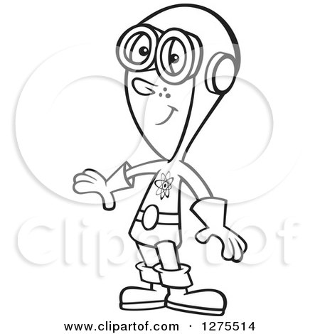 Cartoon Clipart of a Black and White Super Hero Boy Wearing Goggles - Royalty Free Vector Line Art Illustration by toonaday