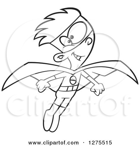 Cartoon Clipart of a Black and White Happy Super Hero Boy Flying - Royalty Free Vector Line Art Illustration by toonaday