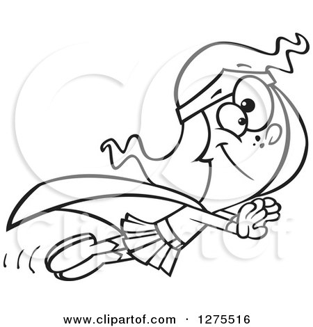 Cartoon Clipart of a Black and White Happy Super Girl Holding Her Arms out and Flying - Royalty Free Vector Line Art Illustration by toonaday