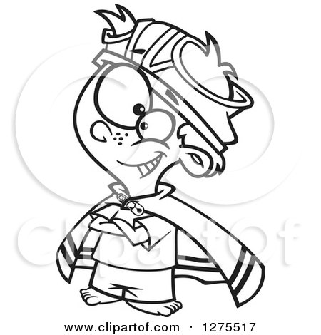 Cartoon Clipart of a Black and White Boy Pretending to Be a Super Hero, with Underwear on His Head - Royalty Free Vector Line Art Illustration by toonaday