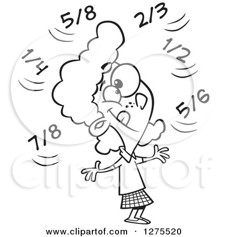 Cartoon Clipart of a Black and White Happy School Girl Doing Fractions in Her Head - Royalty Free Vector Line Art Illustration by toonaday