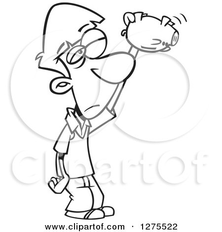 Cartoon Clipart of a Black and White Broke Boy Shaking and Looking into an Empty Piggy Bank - Royalty Free Vector Line Art Illustration by toonaday