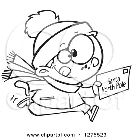 Cartoon Clipart of a Black and White Happy Boy Running with a Christmas Santa Letter - Royalty Free Vector Line Art Illustration by toonaday