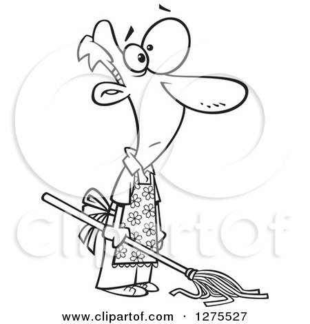 Cartoon Clipart of a Black and White House Husband Mopping - Royalty Free Vector Line Art Illustration by toonaday