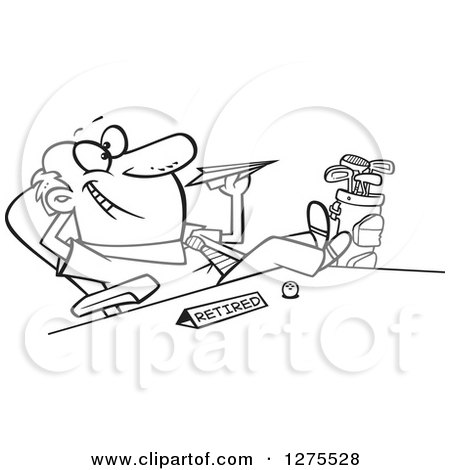 Cartoon Clipart of a Black and White Happy Retired Businessman with Golf Clubs at His Side, Throwing a Paper Plane at His Desk - Royalty Free Vector Line Art Illustration by toonaday