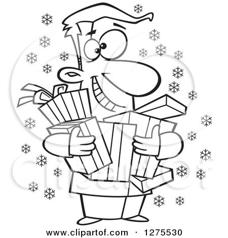 Cartoon Clipart of a Black and White Happy Festive Man Holding Christmas Gifts - Royalty Free Vector Line Art Illustration by toonaday