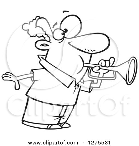 Cartoon Clipart of a Black and White Man Tooting a Horn - Royalty Free Vector Line Art Illustration by toonaday