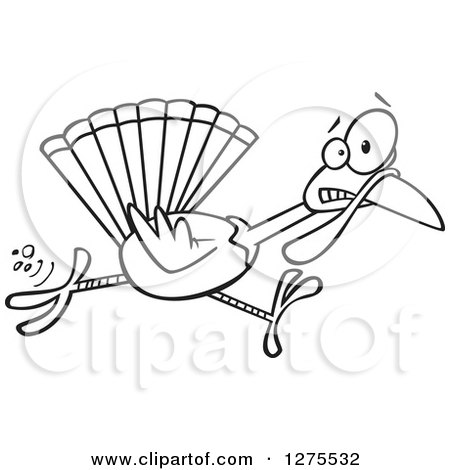 Cartoon Clipart of a Black and White Scared Thanksgiving Turkey Bird Running - Royalty Free Vector Line Art Illustration by toonaday