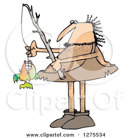 Clipart of a Hairy Caveman with a Fishing Pole and His Monster Catch - Royalty Free Illustration by djart